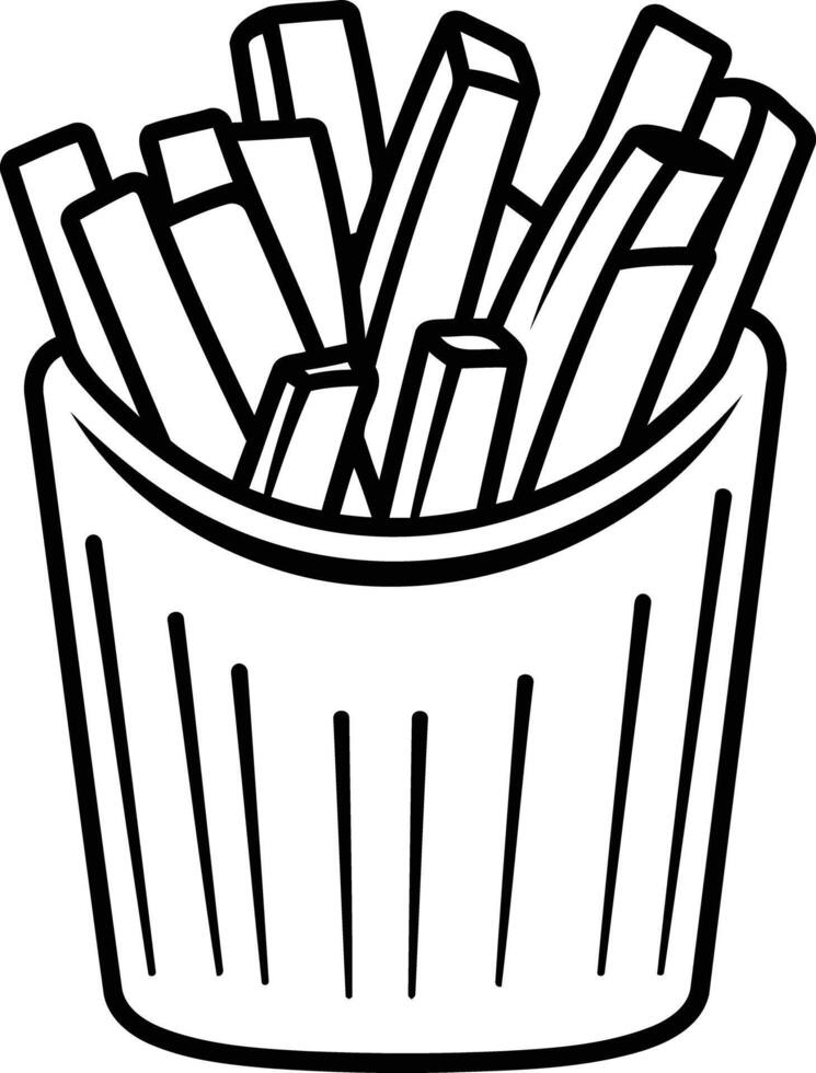 A simple black and white illustration of a carton of french fries, perfect for coloring books, educational materials, or fast food menu designs vector