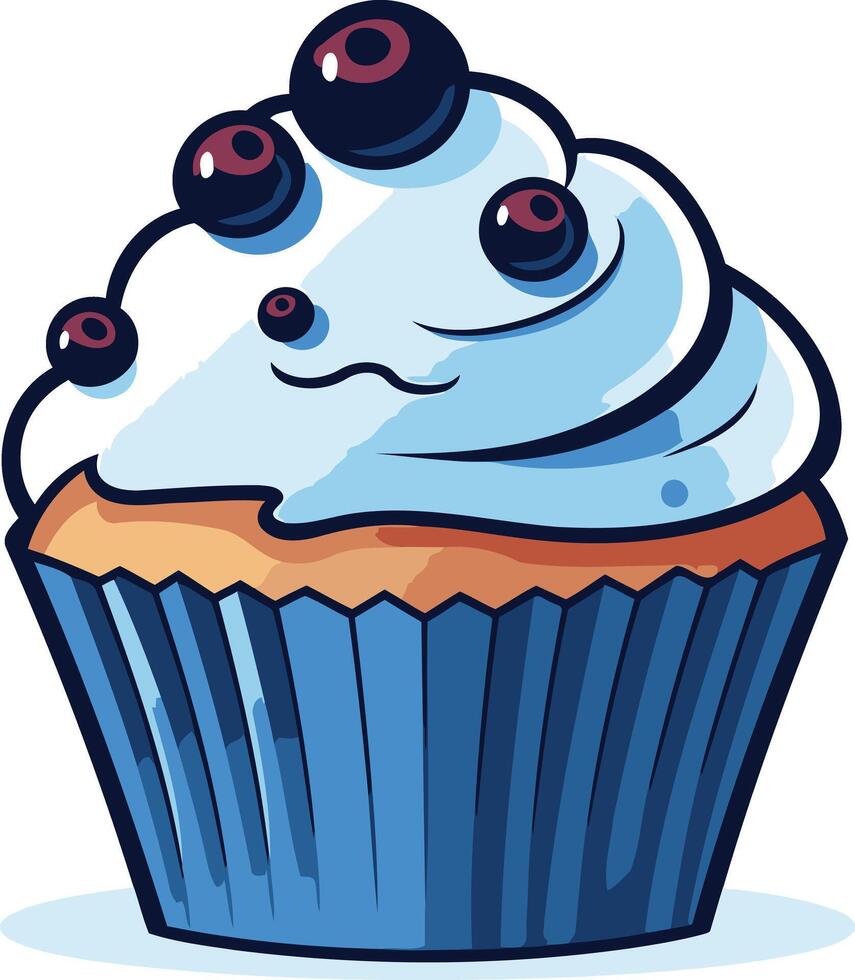 A cheerful, cartoon-style cupcake with blue frosting and blueberries, perfect for a bakery logo or website design vector