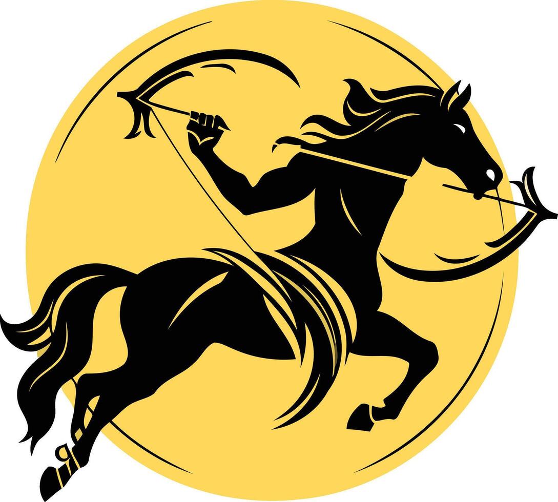 A bold, stylized silhouette of a centaur holding a bow and arrow, set against a yellow circle vector