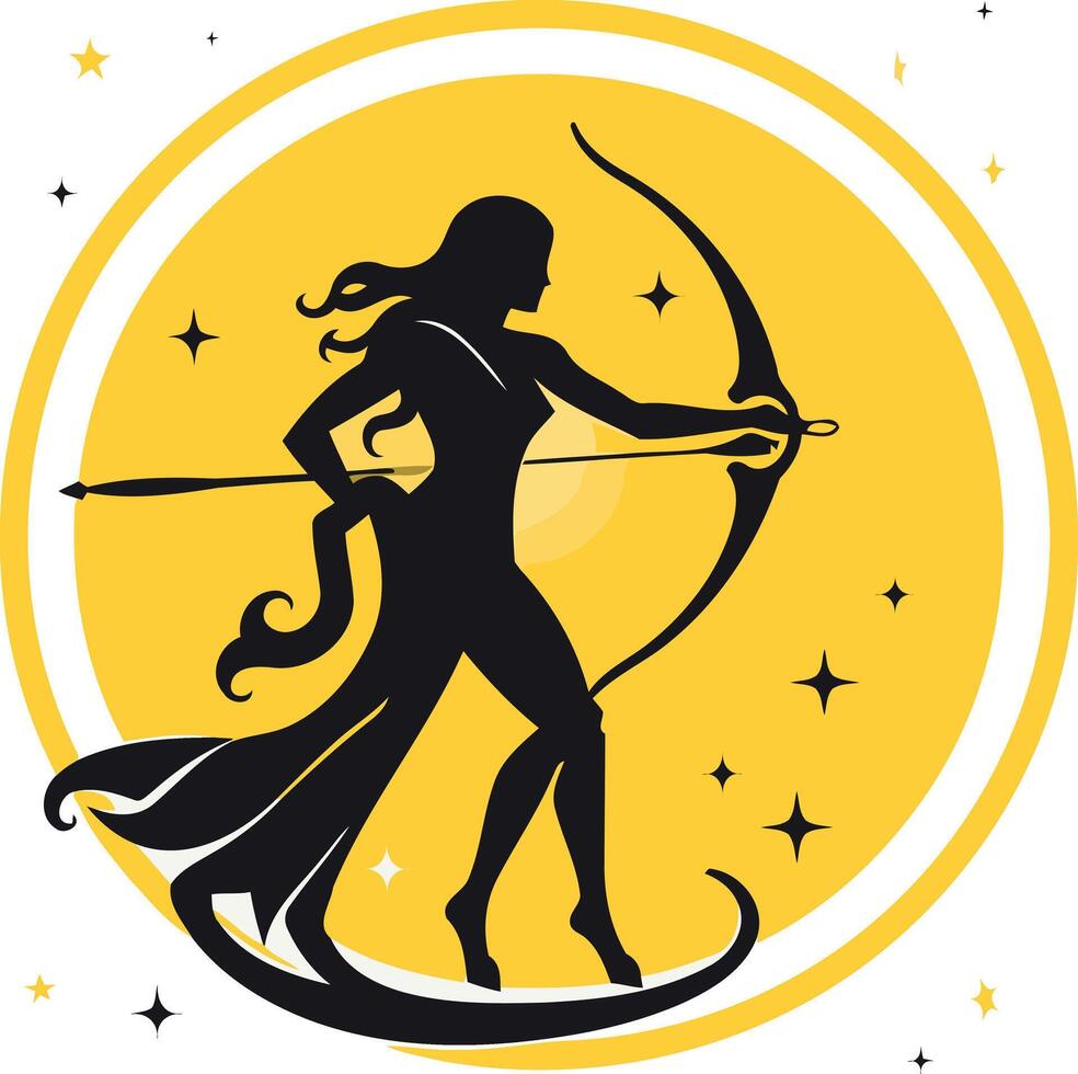 A bold and stylish silhouette of a woman with a bow and arrow, representing strength and determination, perfect for branding, social media, or website design vector