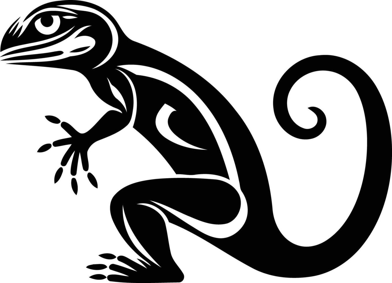 Stylized black and white silhouette of a lizard in a tribal design, perfect for tattoo inspiration, branding, or design projects vector