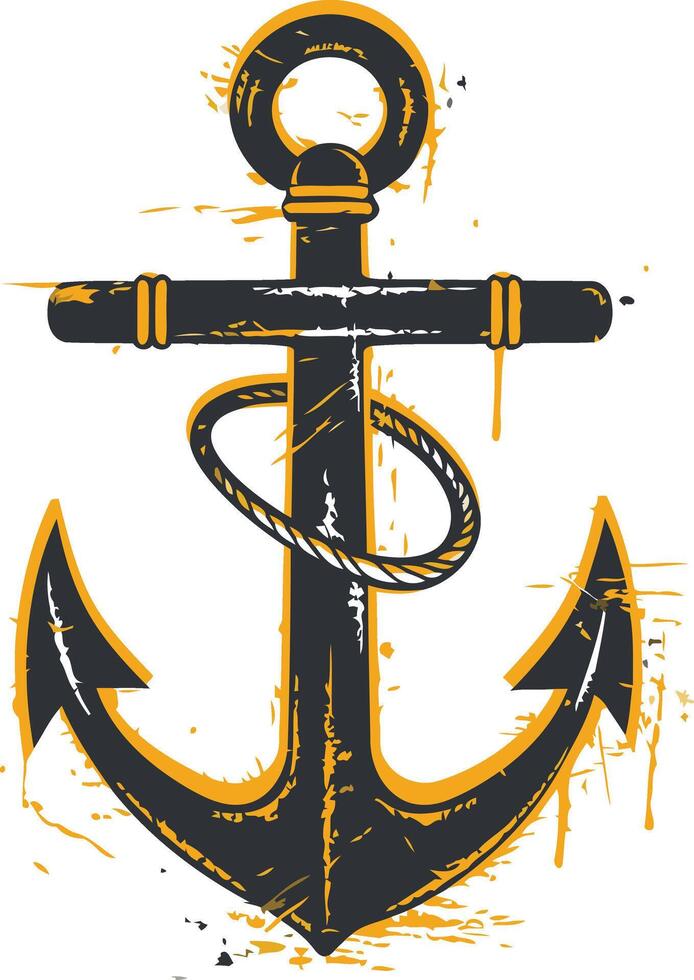 A stylized anchor with a distressed, grunge effect and yellow accents vector