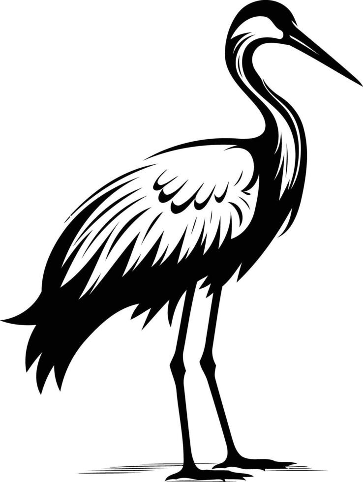 A stylized black and white illustration of a heron standing in profile vector