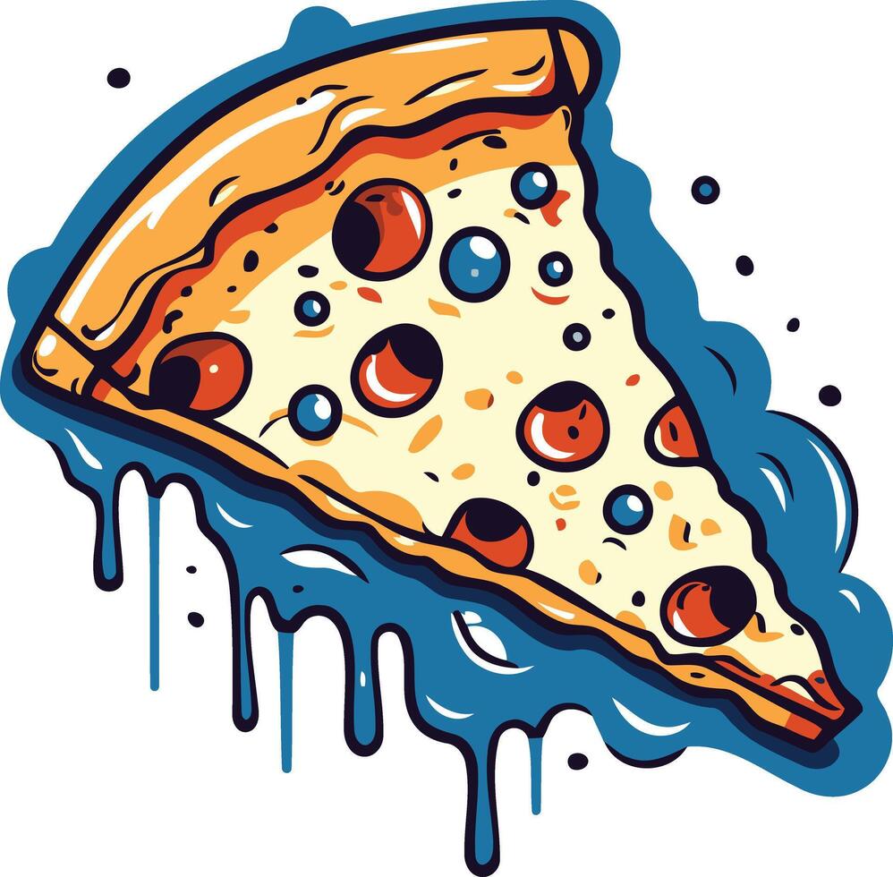 A cartoon-style slice of pizza with dripping cheese and sauce, perfect for restaurant menus, food blogs, or social media graphics vector