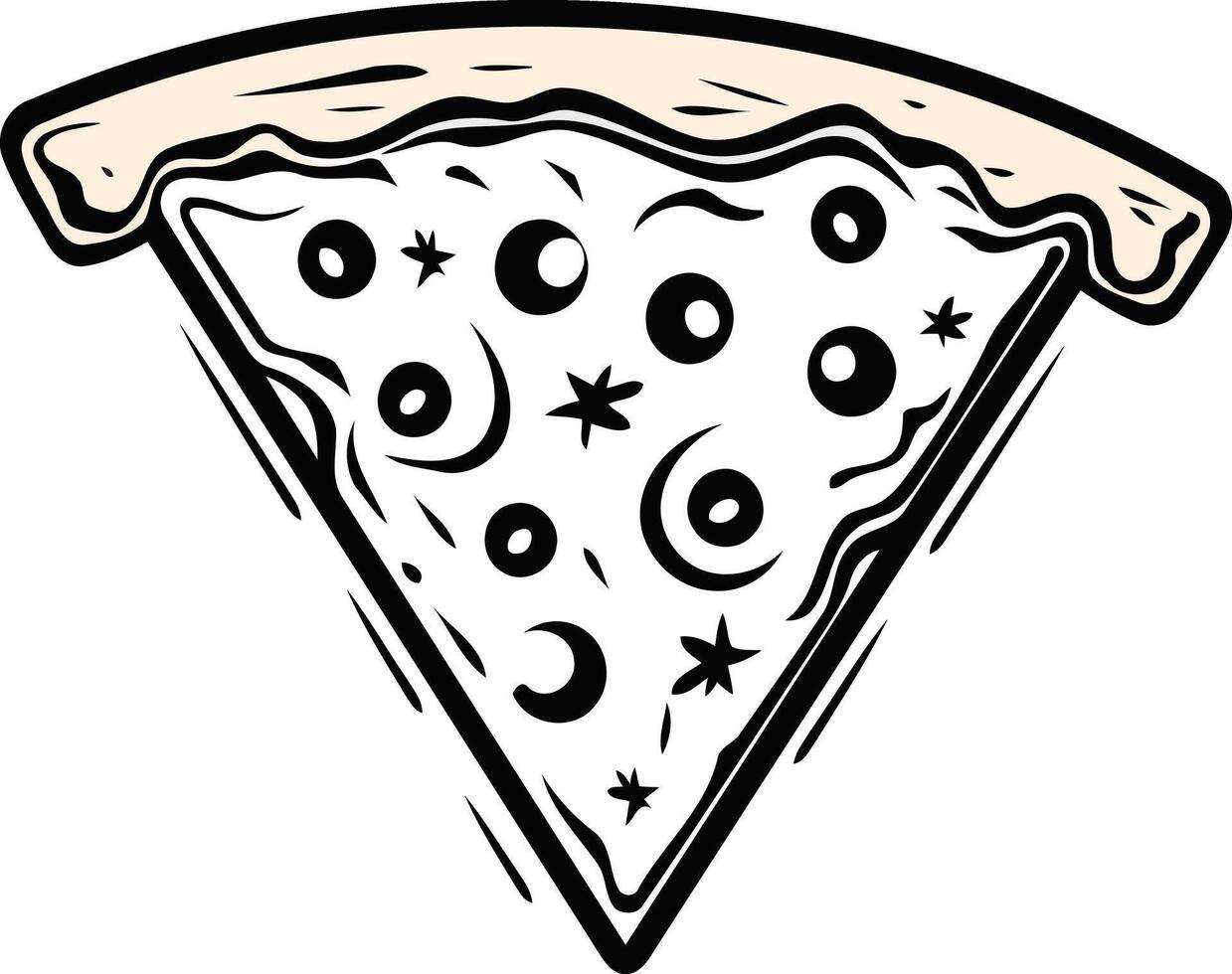 A quirky, hand-drawn illustration of a pizza slice featuring stars and crescent moons as toppings vector