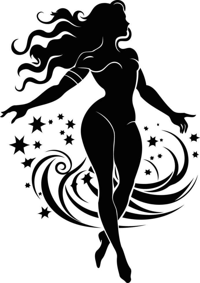A graceful silhouette of a woman with flowing hair, surrounded by swirling stars and a celestial design vector