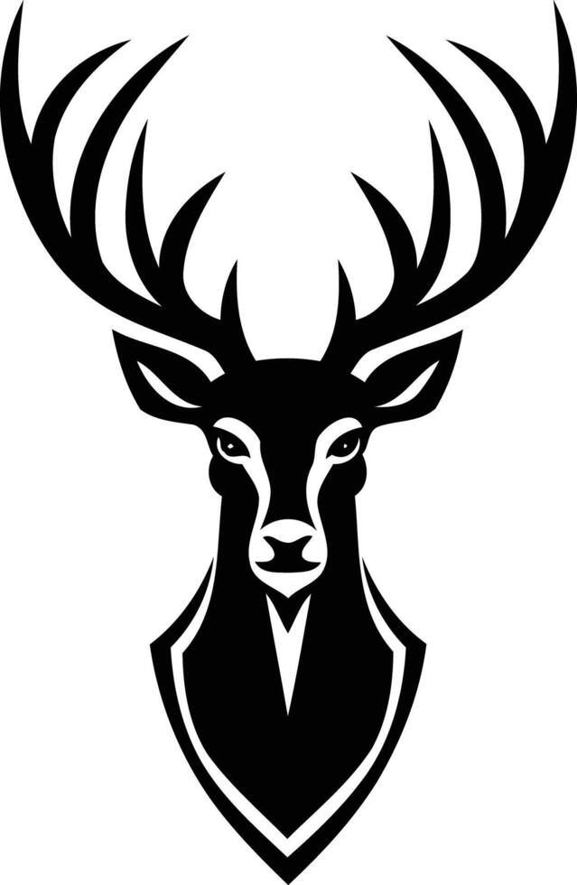 A bold, black and white illustration of a deer head with large antlers vector