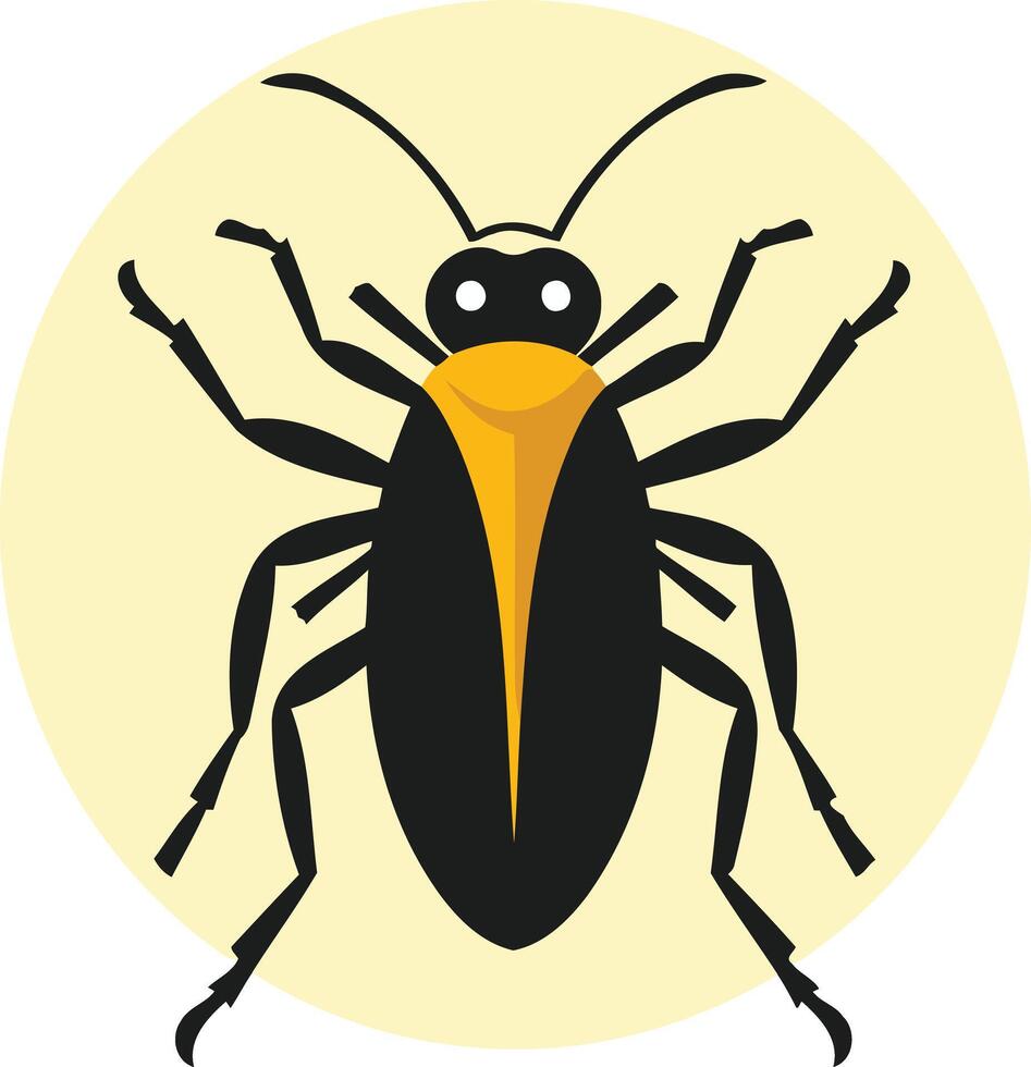 A simple, flat-style illustration of a black beetle with a yellow stripe, set against a pale yellow circle vector