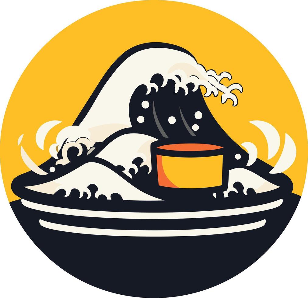 A stylized illustration of a large wave crashing over a small, stylized container, representing the power of nature and resilience vector