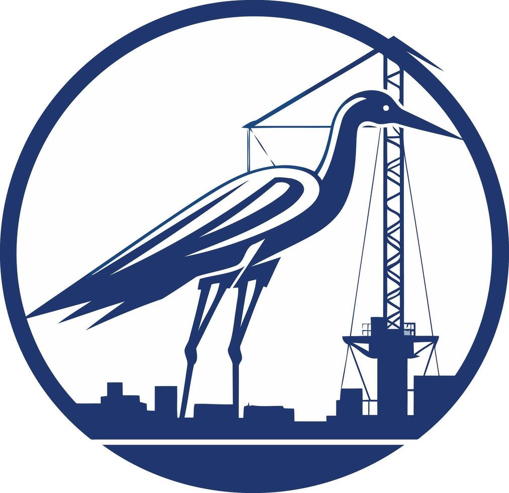 A bold and graphic logo depicting a heron standing tall against a city skyline and construction crane, symbolizing strength, growth, and urban development vector