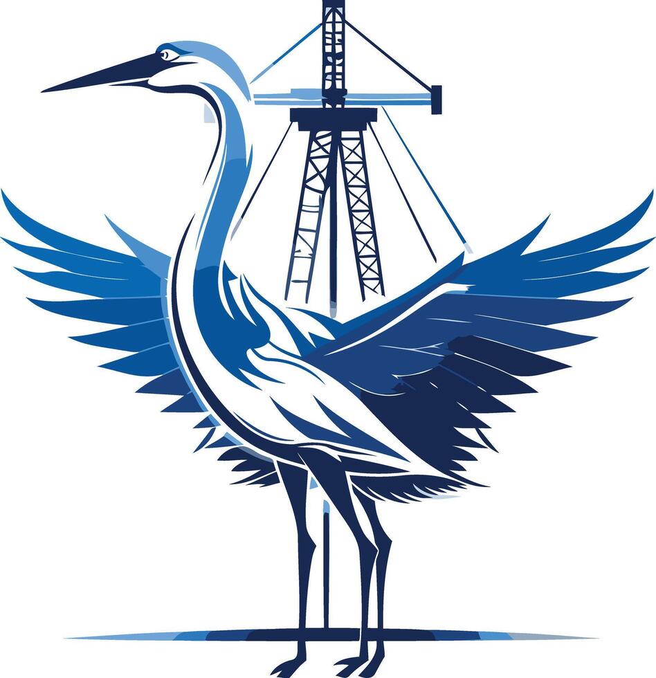A stylized heron with outstretched wings stands in front of an oil rig, symbolizing the balance between nature and industry vector