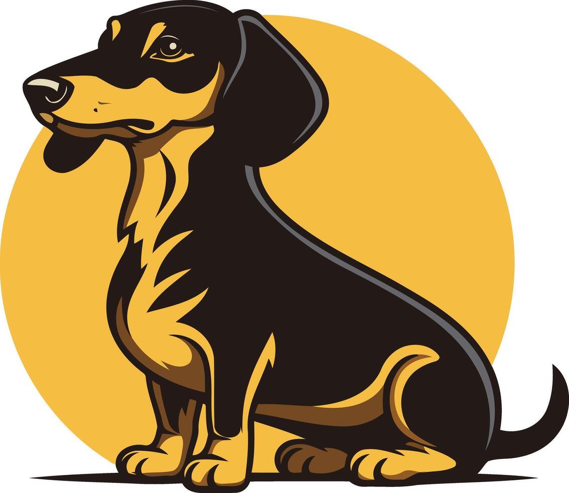 Cute cartoon illustration of a black and tan dachshund sitting against a yellow circle vector
