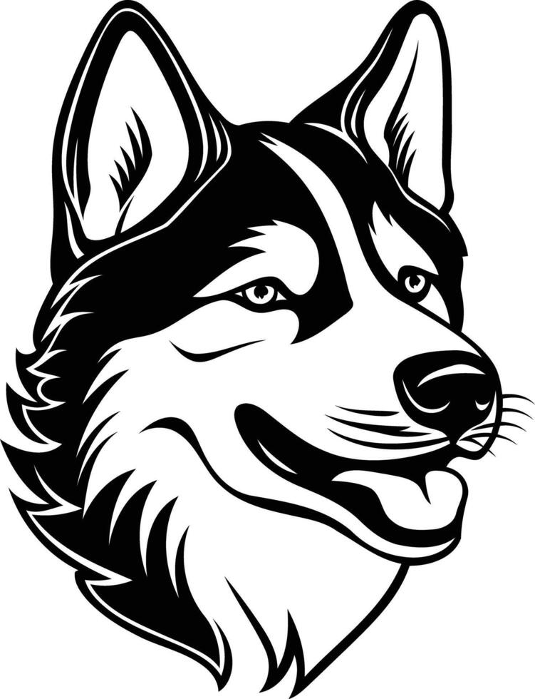 Black and white illustration of a husky dog's head with a friendly expression, perfect for branding, logos, and t-shirt designs vector