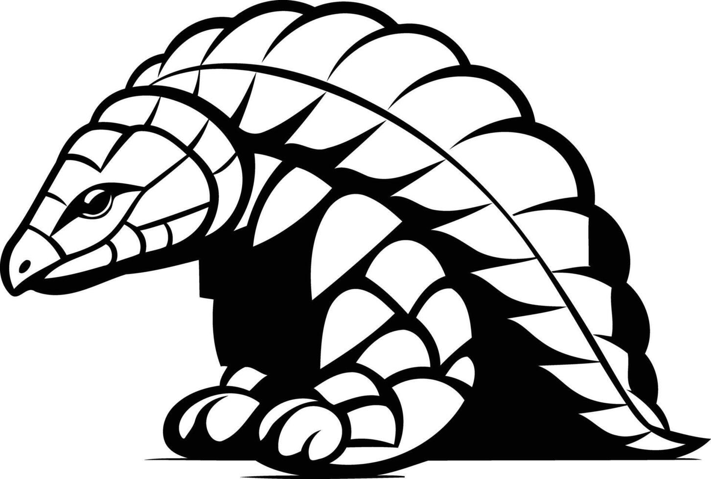 A powerful black and white illustration of a pangolin, curled up in a defensive posture vector
