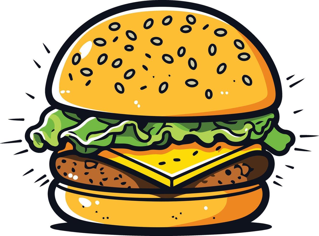 A cheerful cartoon illustration of a classic cheeseburger, perfect for food-related designs, menus, or social media vector