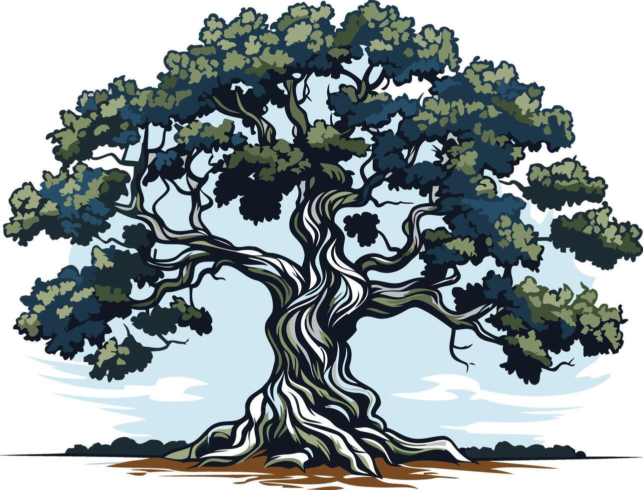 A majestic, hand-drawn illustration of a large, ancient oak tree with gnarled branches and roots, symbolizing strength, wisdom, and longevity vector