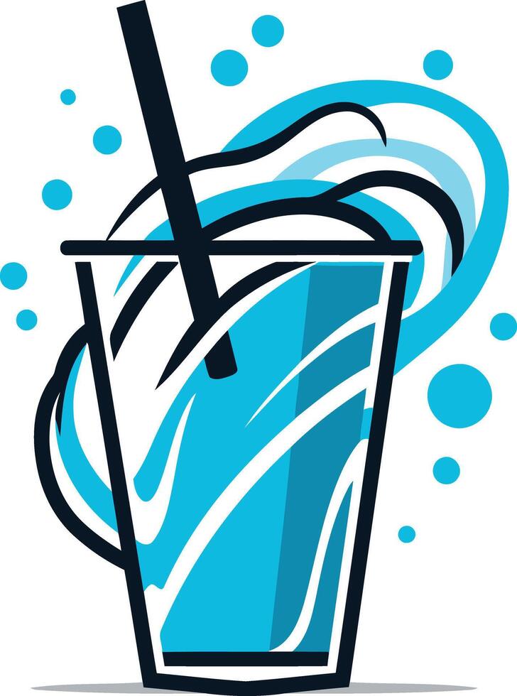 A refreshing and vibrant logo design featuring a cup of iced beverage with a straw and swirling blue waves, perfect for branding cafes, juice bars, or any business related to drinks vector