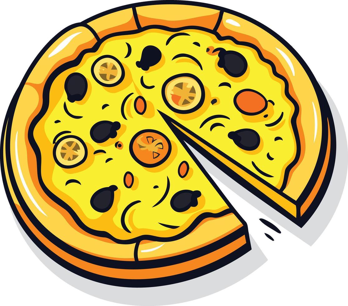 A cartoon illustration of a delicious pizza with a slice removed, perfect for menus, food blogs, and social media posts vector