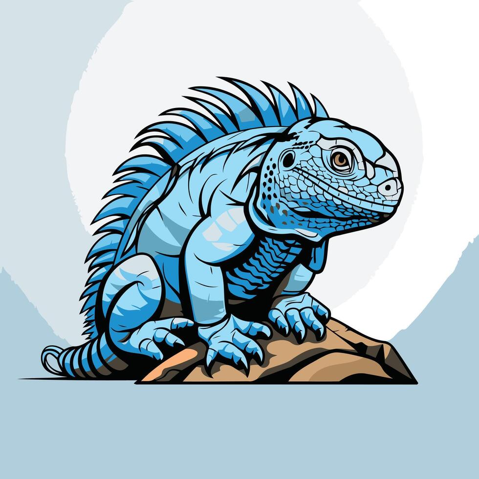 A vibrant blue iguana sits perched on a rock, its detailed scales and watchful gaze evoke a sense of power and resilience vector