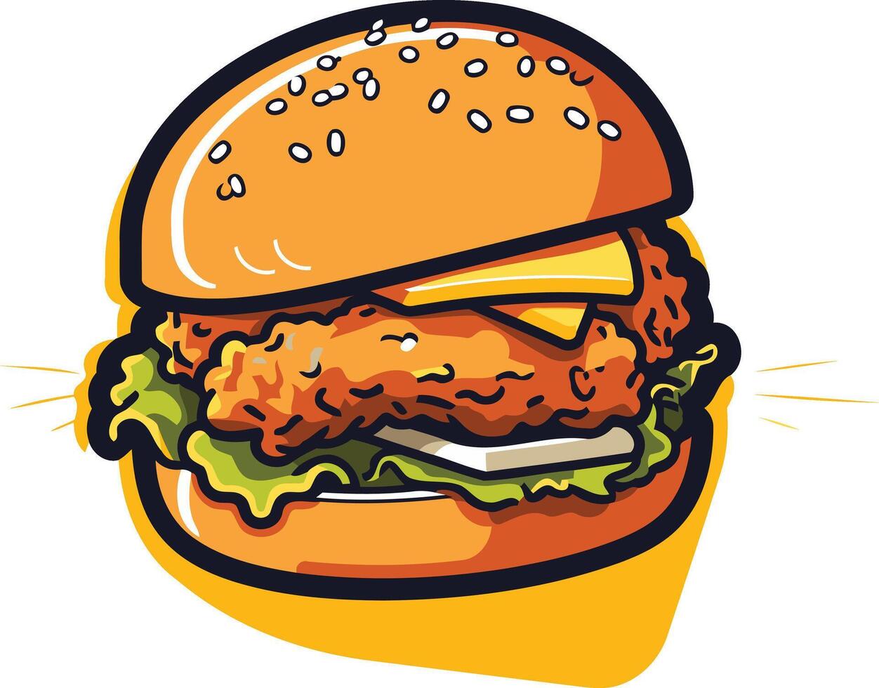 A delicious cartoon illustration of a juicy chicken burger with cheese and lettuce, perfect for food blogs, menus, and social media posts vector