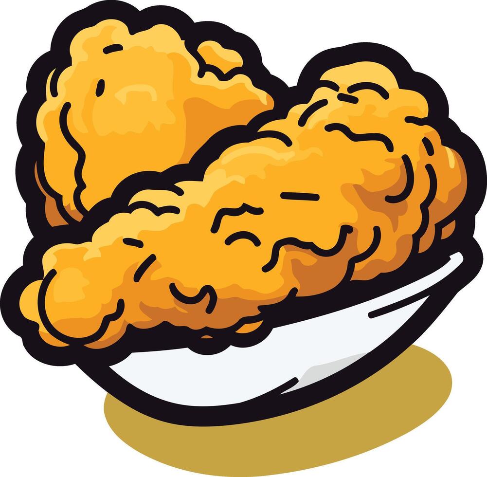 A cartoon illustration of two crispy fried chicken drumsticks, perfectly golden brown and arranged on a white plate vector