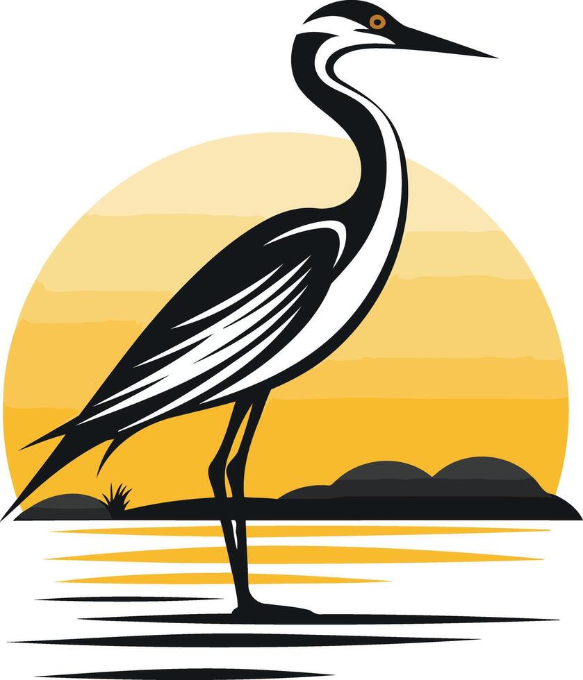 A stylized heron silhouette stands in front of a sunset, perfect for nature-themed designs vector