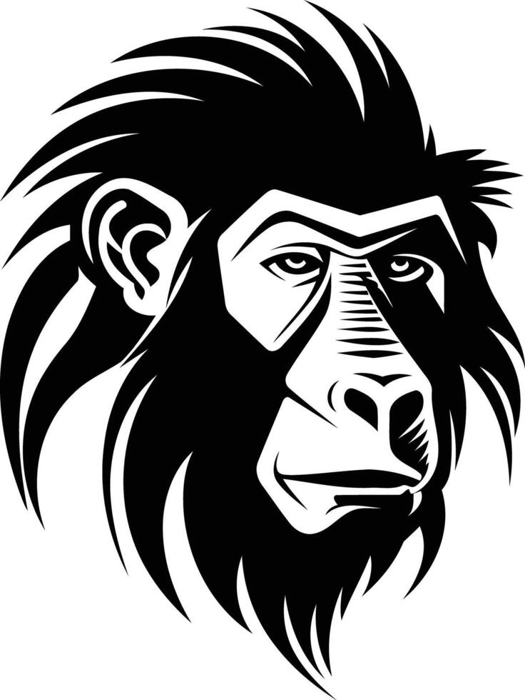 Black and white illustration of a gorilla's head, showcasing its powerful and intense gaze vector
