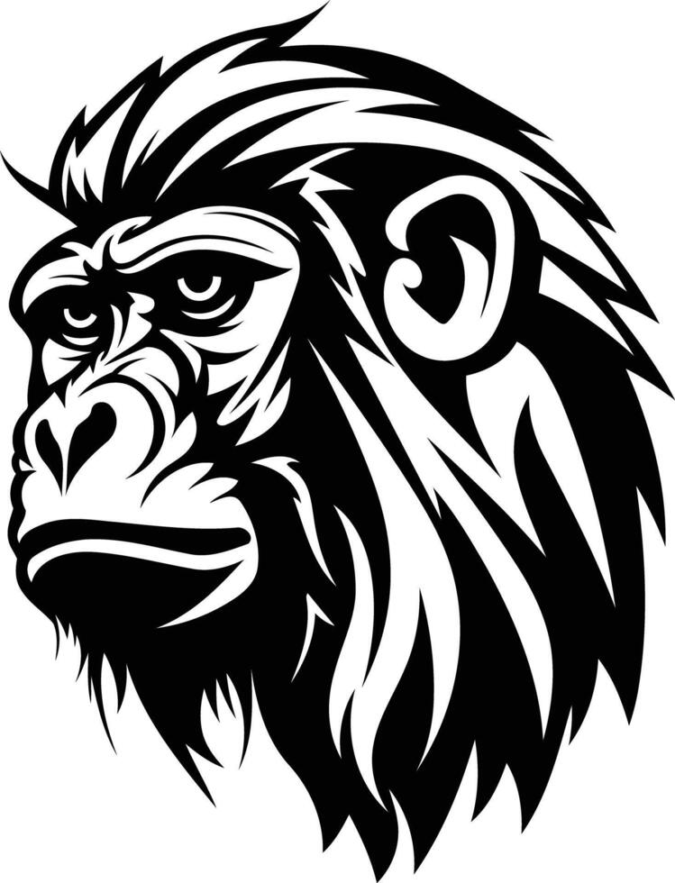 Black and white illustration of a gorilla head, ideal for tattoo designs, t-shirt prints, or animal-themed branding vector
