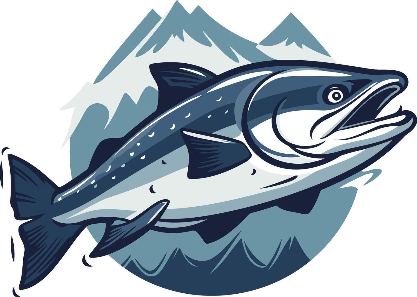 A bold and vibrant illustration of a salmon leaping against a backdrop of mountains and water vector