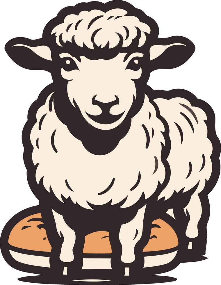 A cute, cartoon sheep standing on a loaf of bread, perfect for branding or marketing related to food, agriculture, or farm-to-table products vector