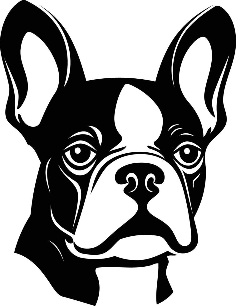 A bold black and white illustration of a french bulldog's head vector