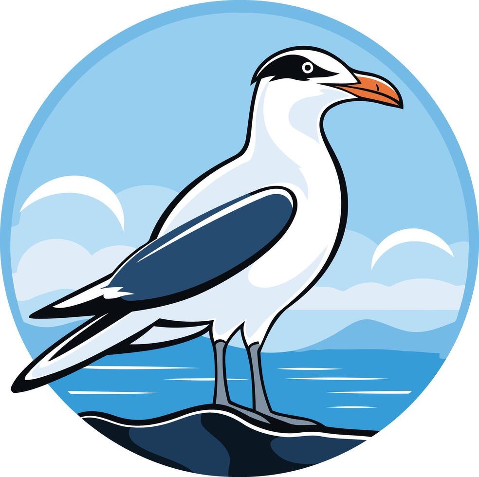 A charming illustration of a seagull standing on a rock by the sea, perfect for branding or design projects related to nature, travel, or coastal living vector