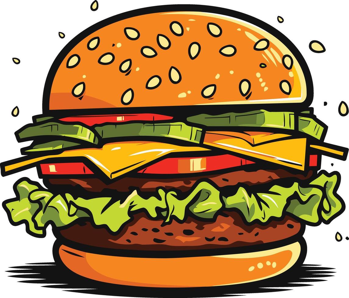 A delicious looking cartoon burger with all the fixings vector