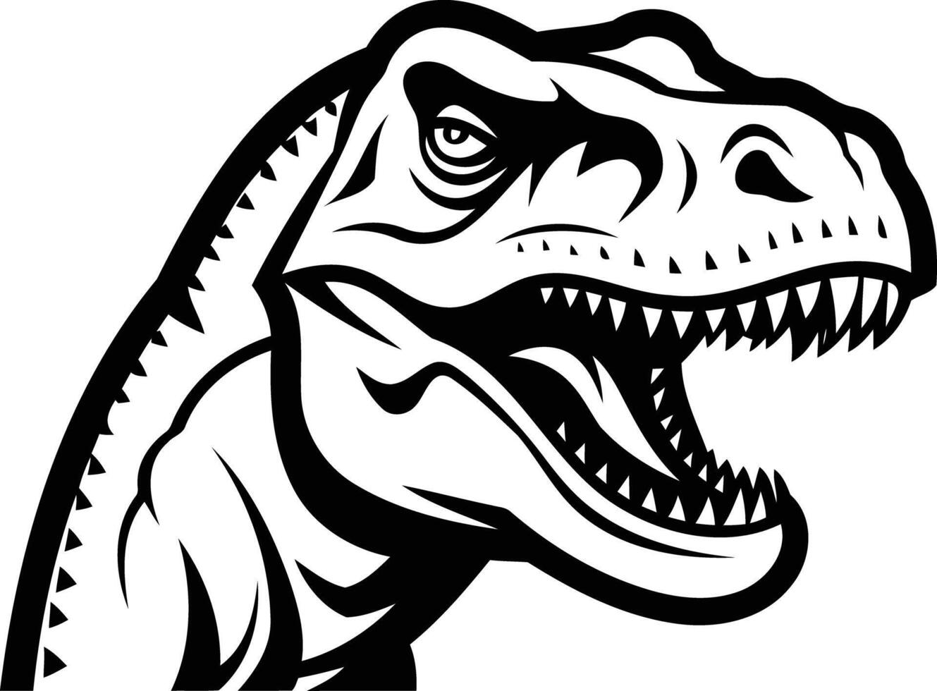 A fierce, detailed black and white illustration of a t-rex dinosaur's head, perfect for tattoos, graphic design projects, and illustrations with a prehistoric theme vector