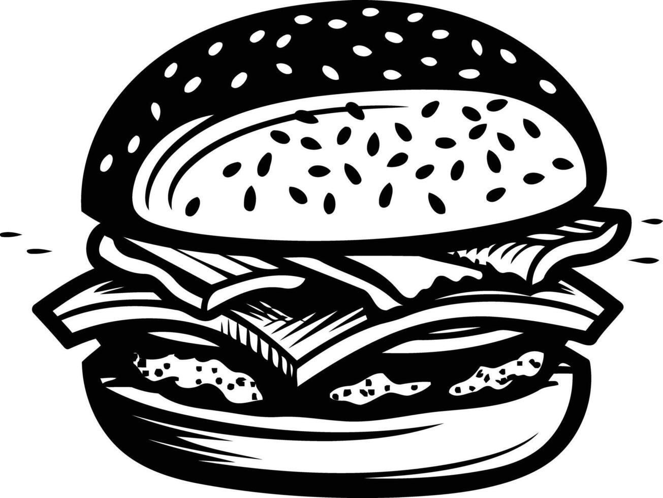 Black and white illustration of a classic burger with sesame seed bun vector