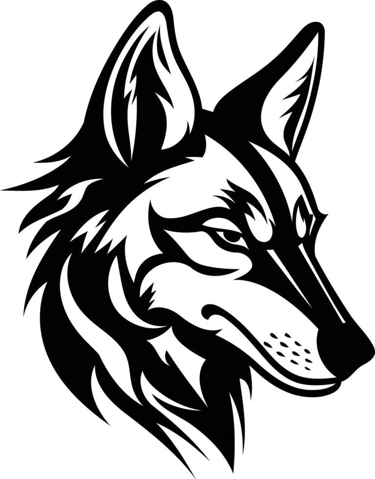 A bold black and white illustration of a wolf's head, perfect for branding, tattoos, or any design requiring a fierce and powerful image vector