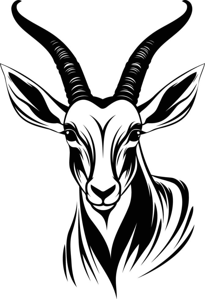 Black and white illustration of a springbok antelope head, perfect for tattoo designs, wildlife illustrations, and nature-themed projects vector