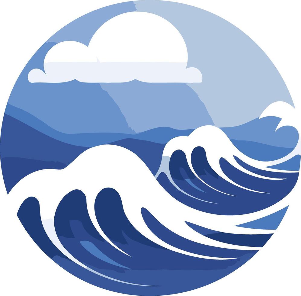 A minimalist, circular logo featuring stylized ocean waves and a single cloud, representing peace, tranquility, and the natural world vector