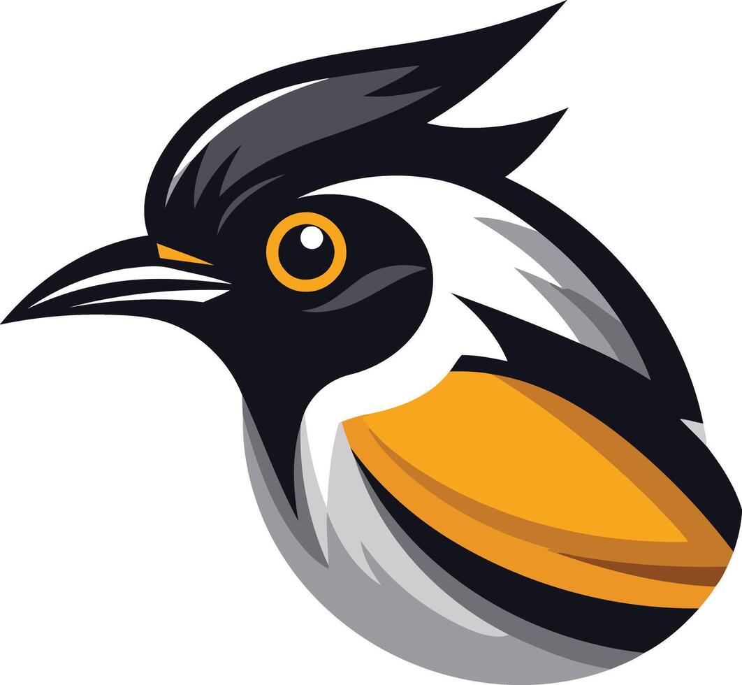 A bold, stylized bird mascot design with black, white, and orange accents vector