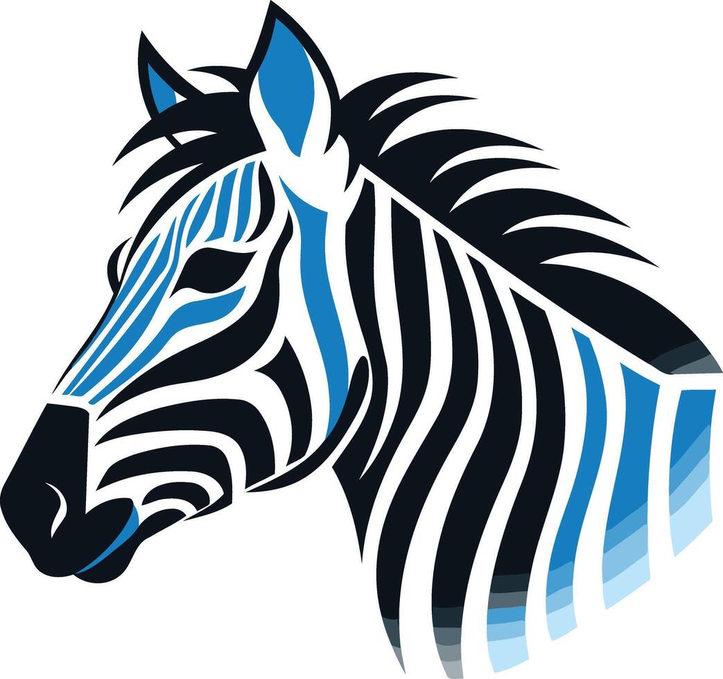 A striking illustration of a zebra head, featuring bold black and white stripes and a blue color accent vector