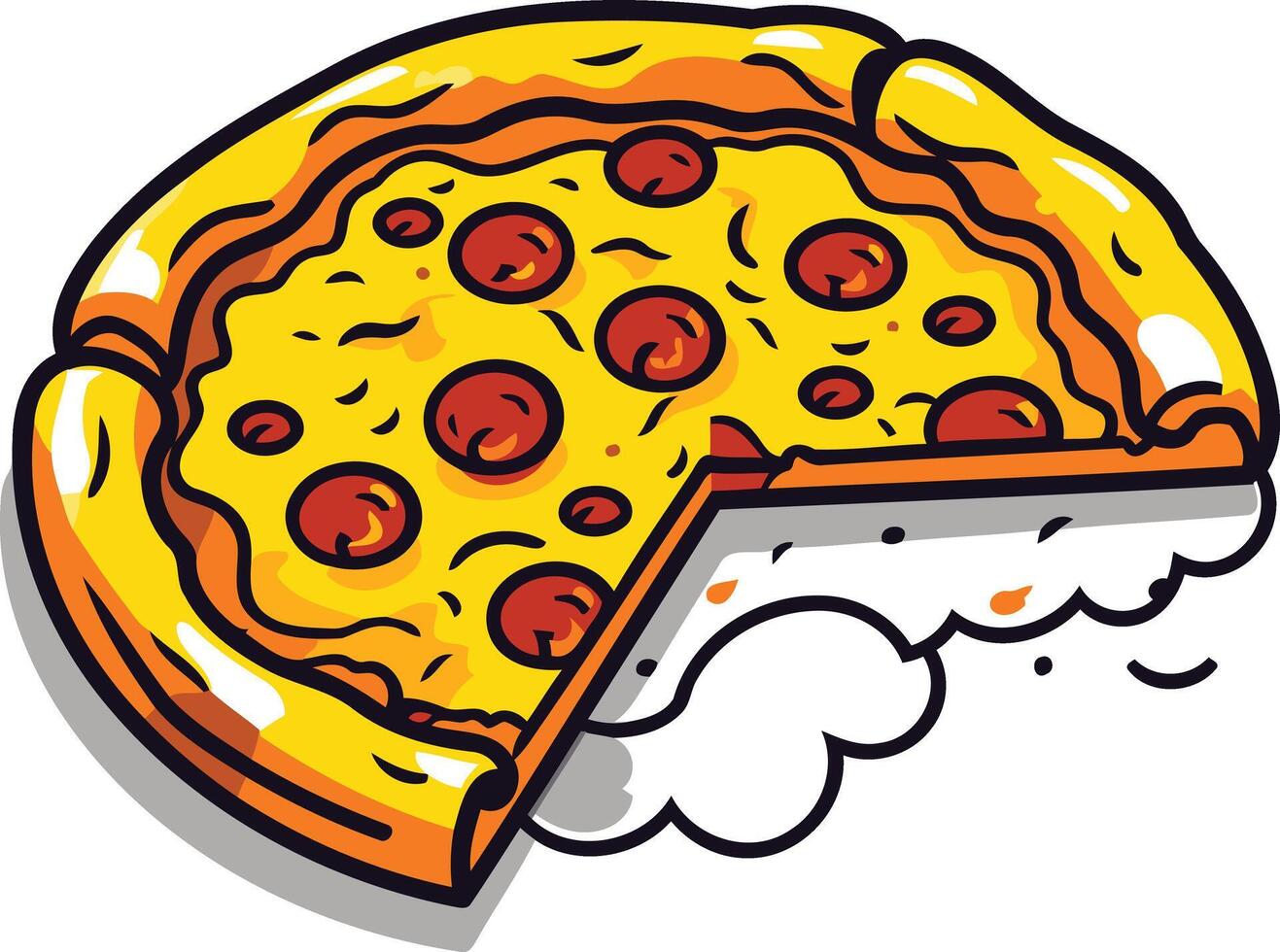 A delicious cartoon pizza with a slice missing, perfect for menus, social media, or any project needing a playful, appetizing image vector