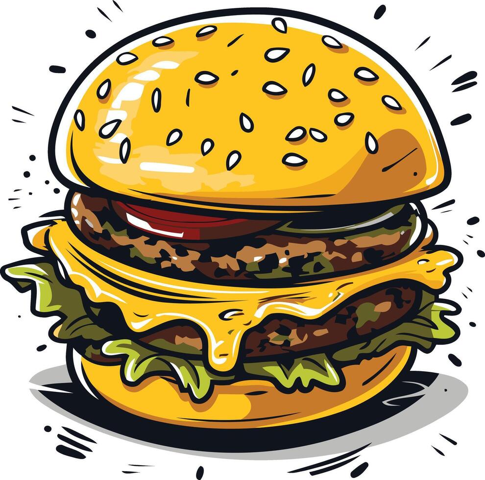 A cartoon illustration of a delicious double cheeseburger with all the fixings vector