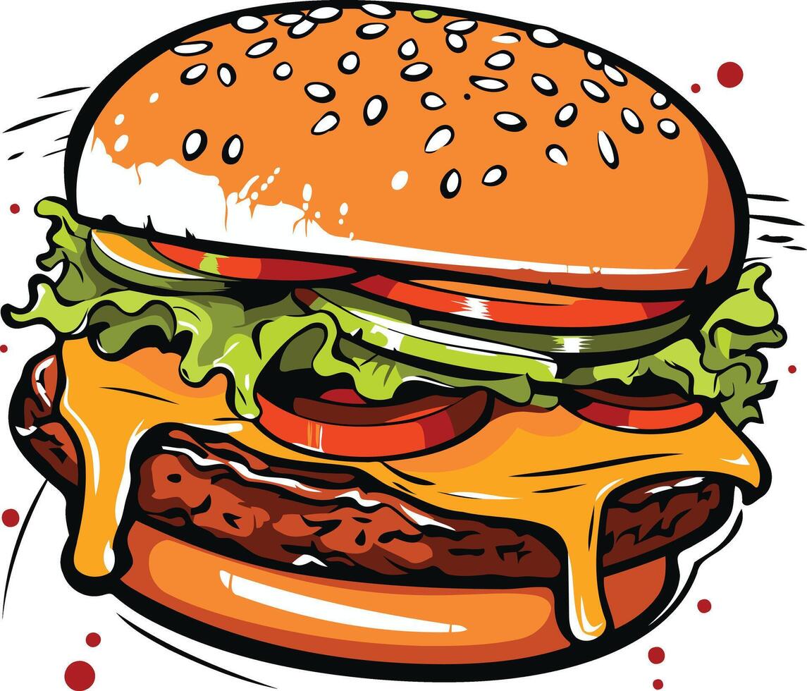 A mouthwatering cartoon illustration of a juicy cheeseburger, perfect for menu design, restaurant branding, and social media posts vector