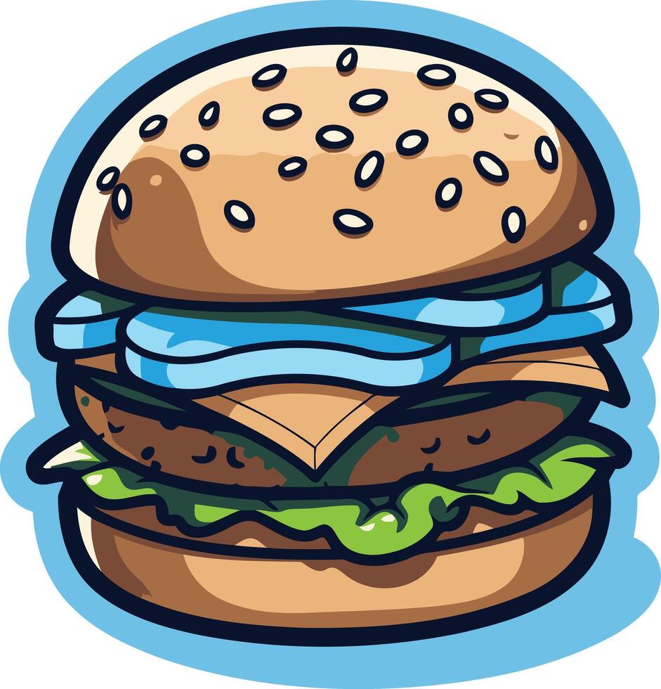 A colorful cartoon burger with a juicy patty, melted cheese, lettuce, onions, and a sesame seed bun vector