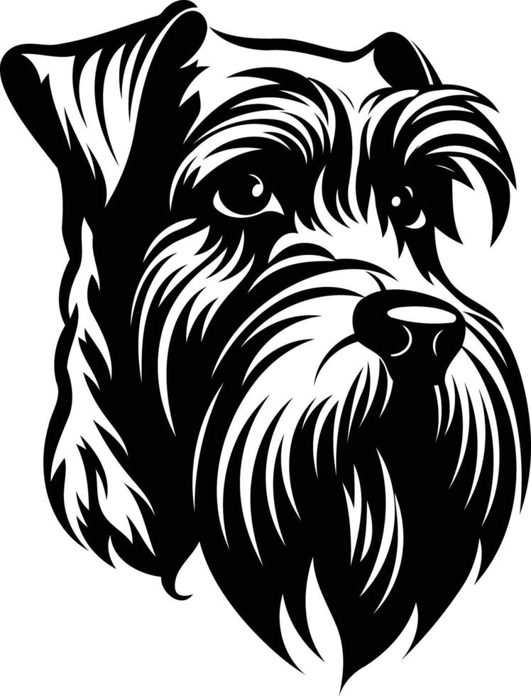 A striking black and white illustration of a schnauzer's head, capturing its distinctive facial features with intricate detail vector