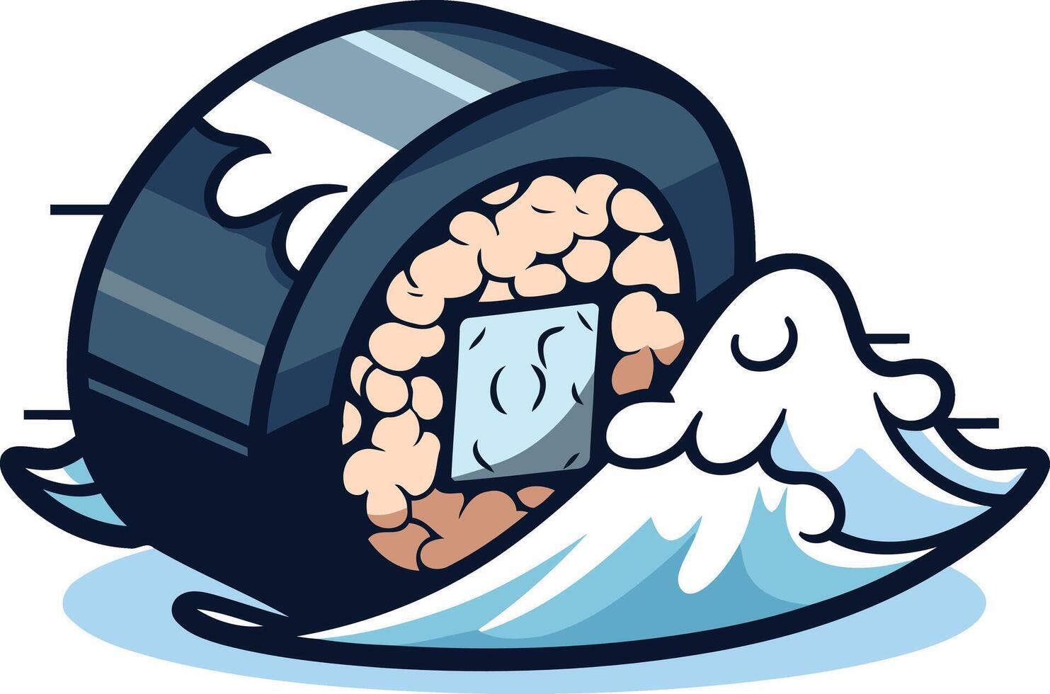 A playful cartoon sushi roll riding a wave, perfect for branding, social media, or any project needing a fun, japanese-themed touch vector