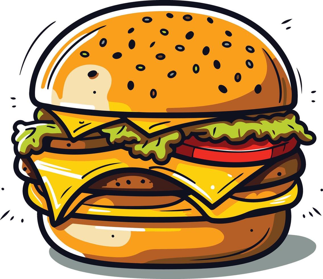 A cartoon illustration of a delicious double cheeseburger with lettuce and tomato vector