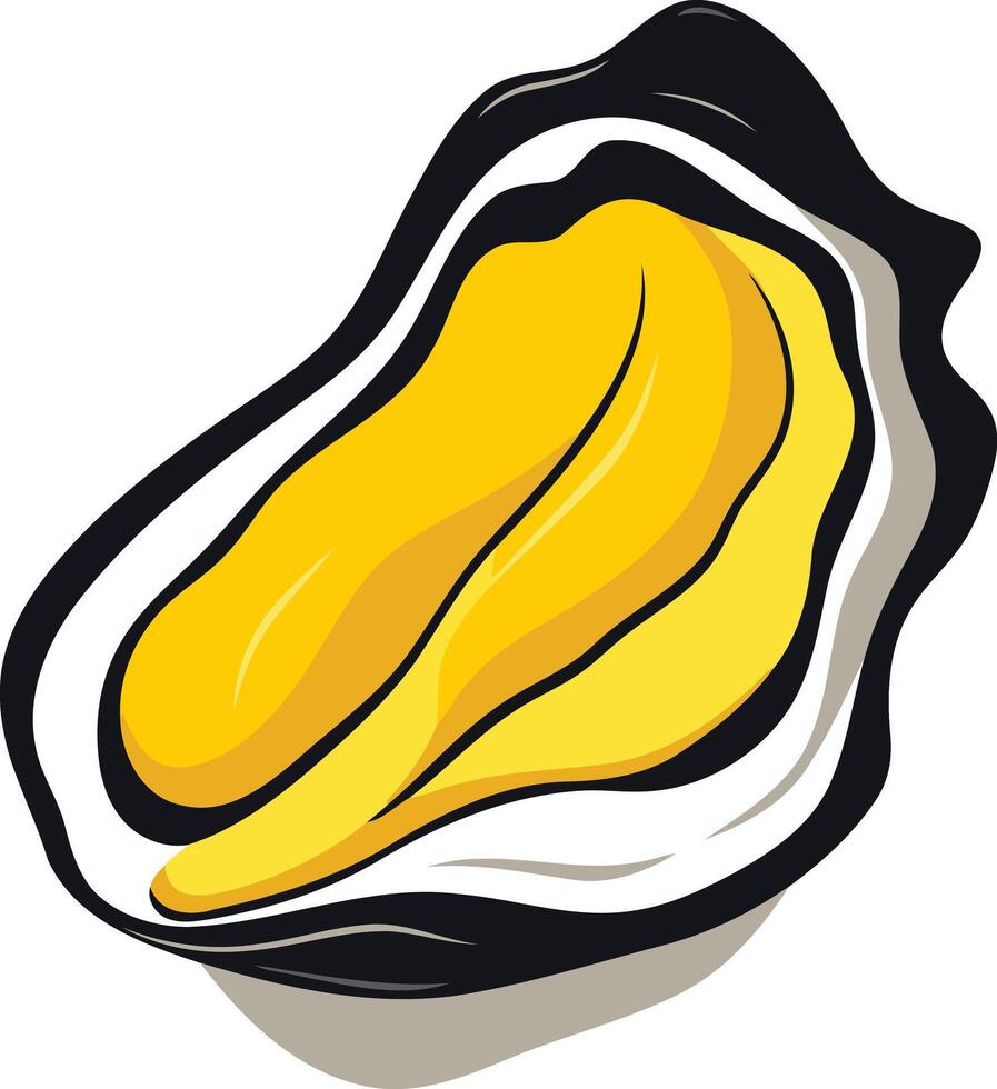 A cartoon illustration of an oyster shell with a bright yellow pearl inside vector