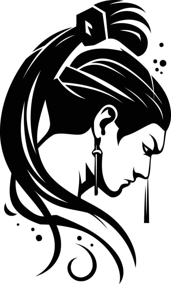 Stylized black and white illustration of a woman with long hair, tied up in a ponytail vector