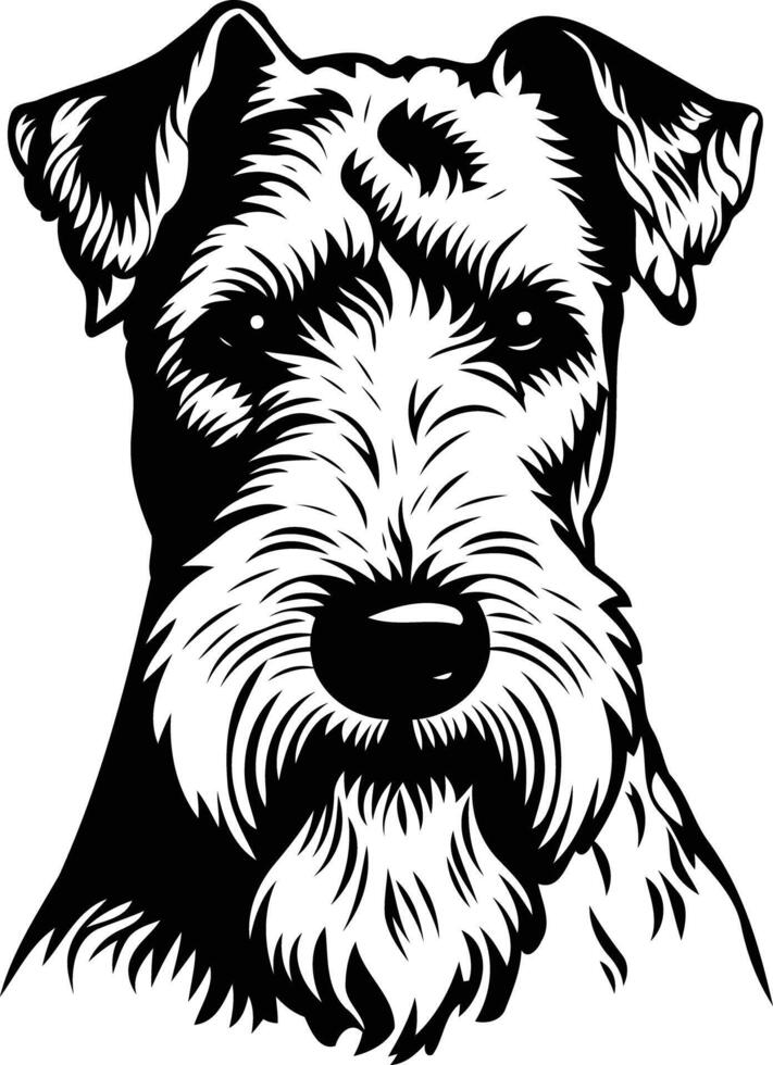 A striking black and white illustration of a wirehaired fox terrier's head, showcasing its distinctive features vector